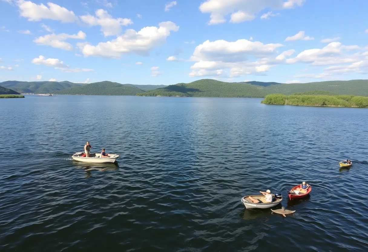 Scenic view of Eagle Creek Reservoir with recreational activities