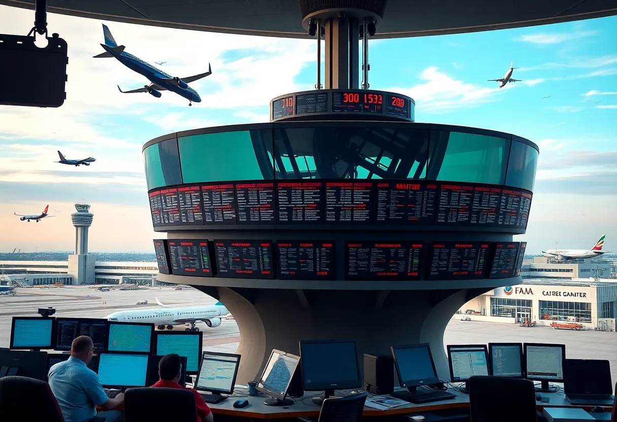 Aerial view of an airport control tower with air traffic controllers managing flights.