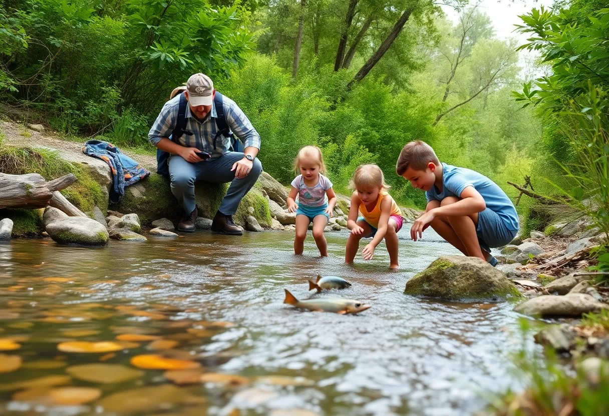 Family explores a creek at Holliday Park with a naturalist.