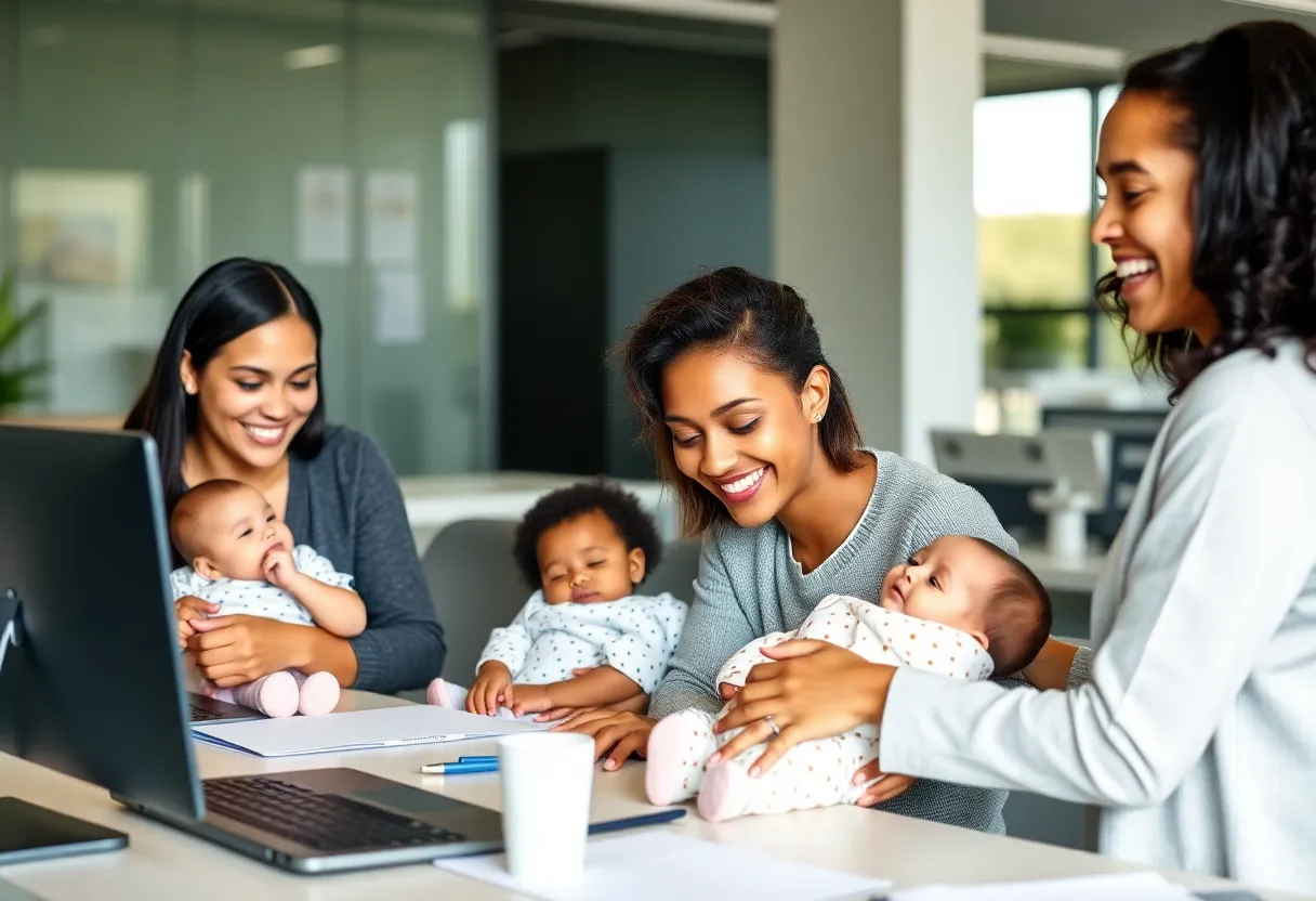 Office setting with parents and infants demonstrating the Family First Workplace initiative.