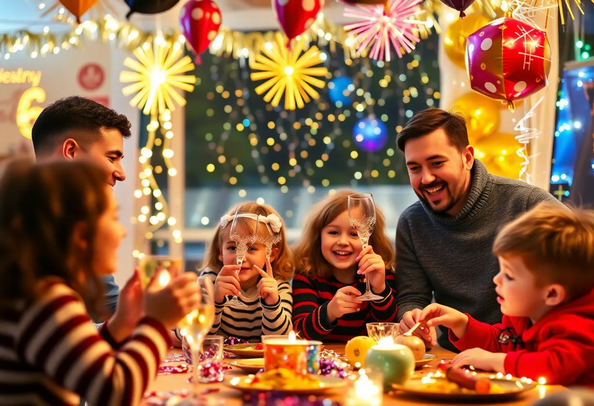 Families celebrating New Year's Eve with activities