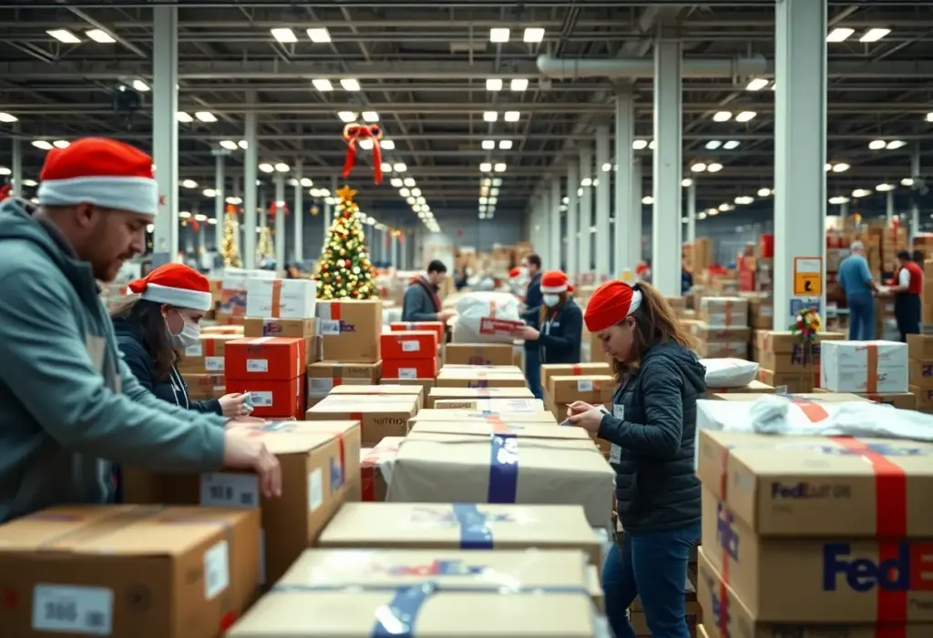 FedEx employees working in a busy shipping facility during the holiday season.