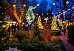 Colorful lights and holiday decorations in an Indianapolis garden