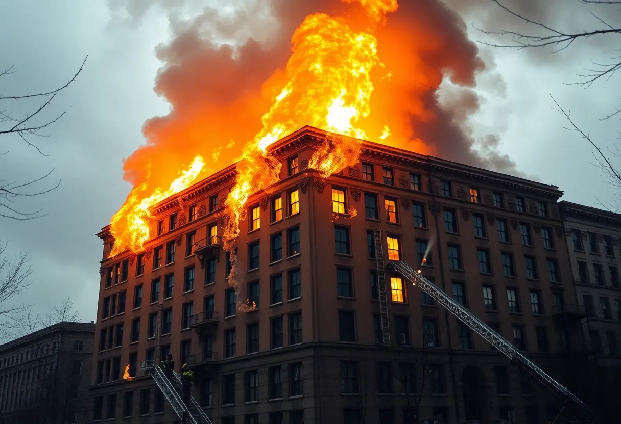 Firefighters working to extinguish a large fire in a vacant building in Indianapolis.