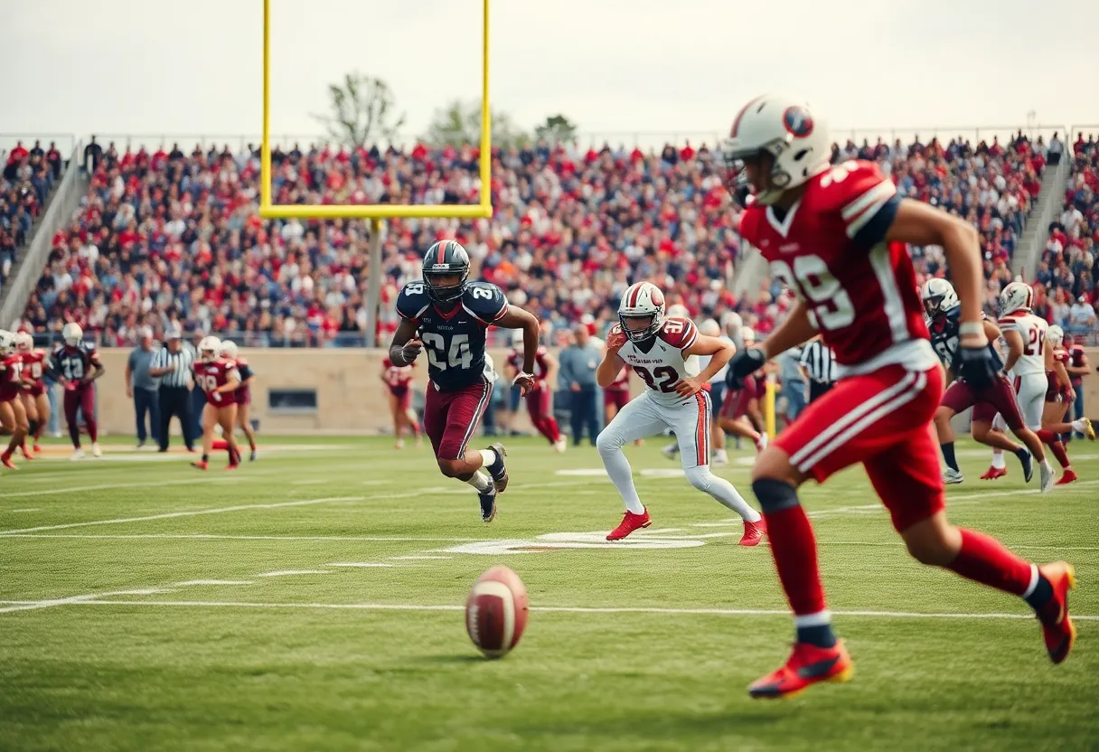 Dynamic action on a football field during a game.