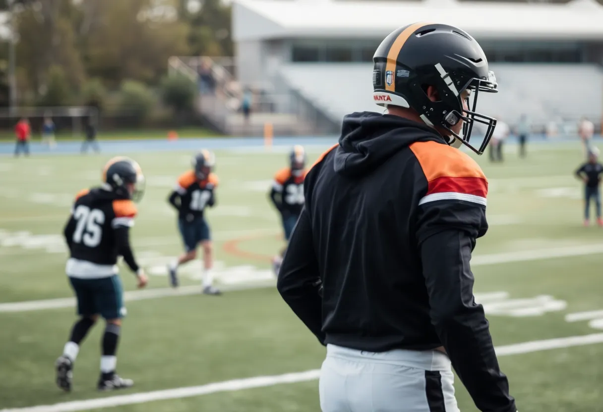 Football players training on the field