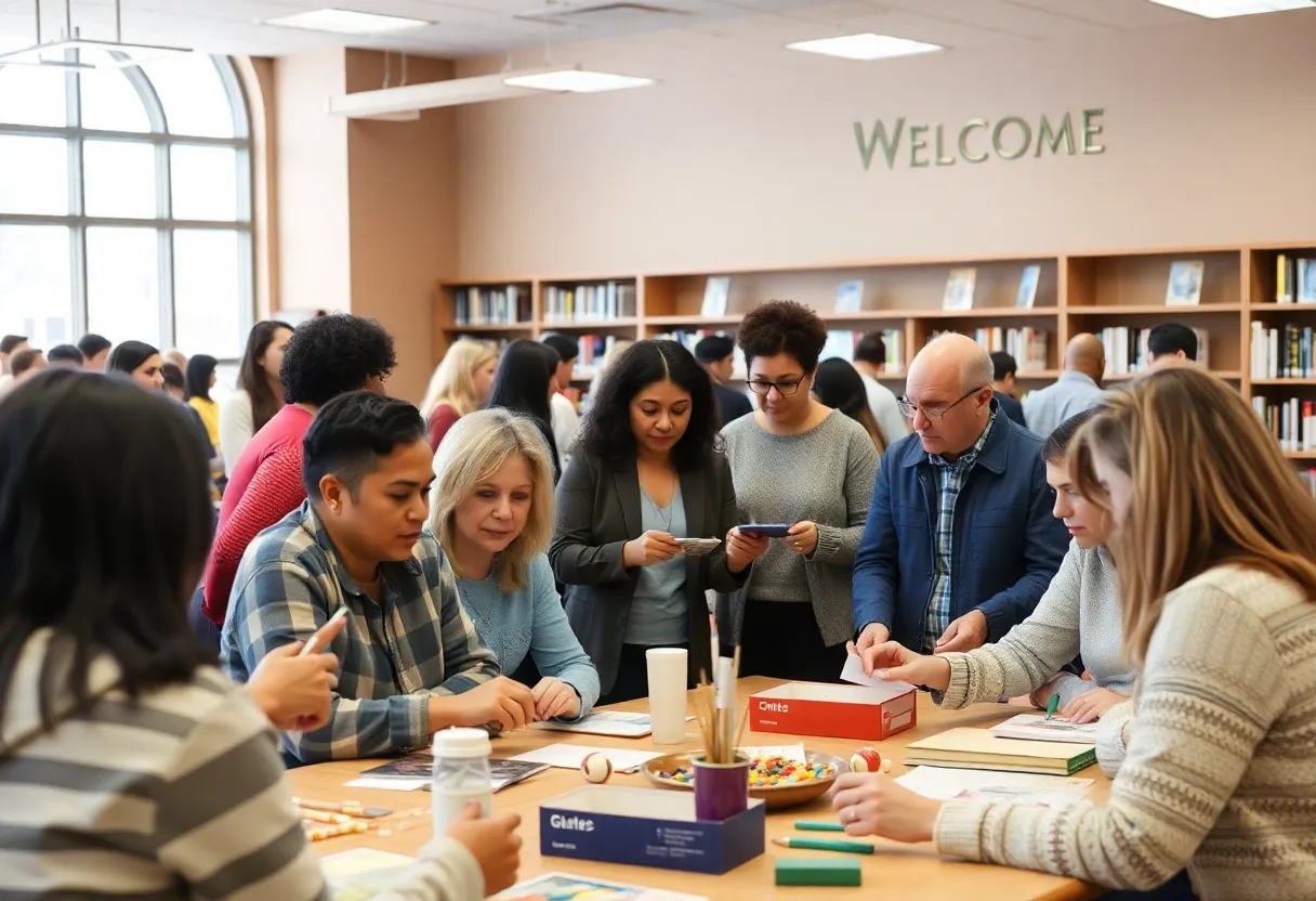 Adults participating in games and crafts at Fort Ben Library