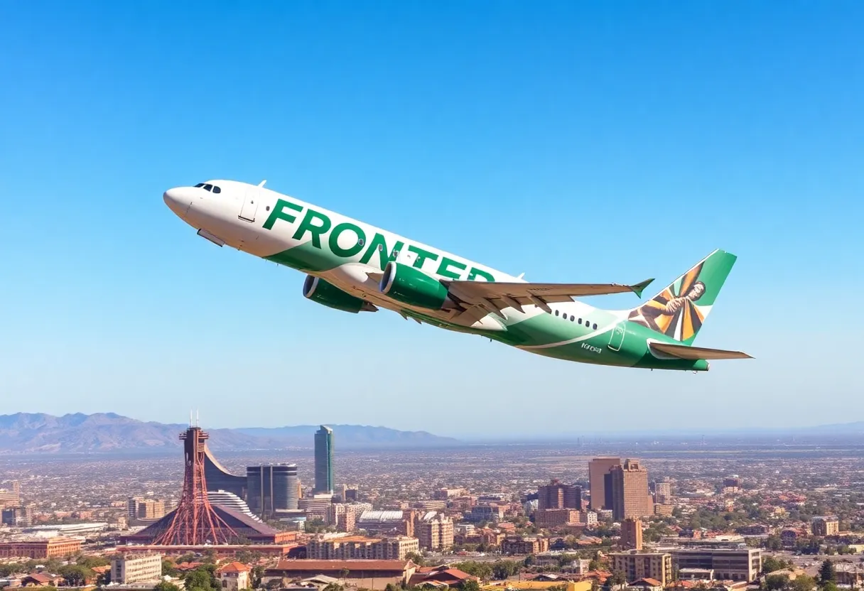 Frontier Airlines airplane flying over Phoenix skyline