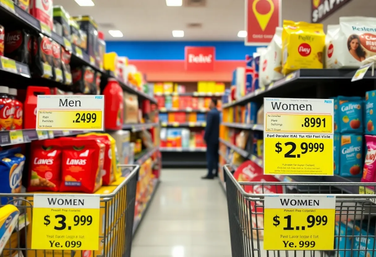 Image depicting products for men and women with different price tags, highlighting the pink tax issue.