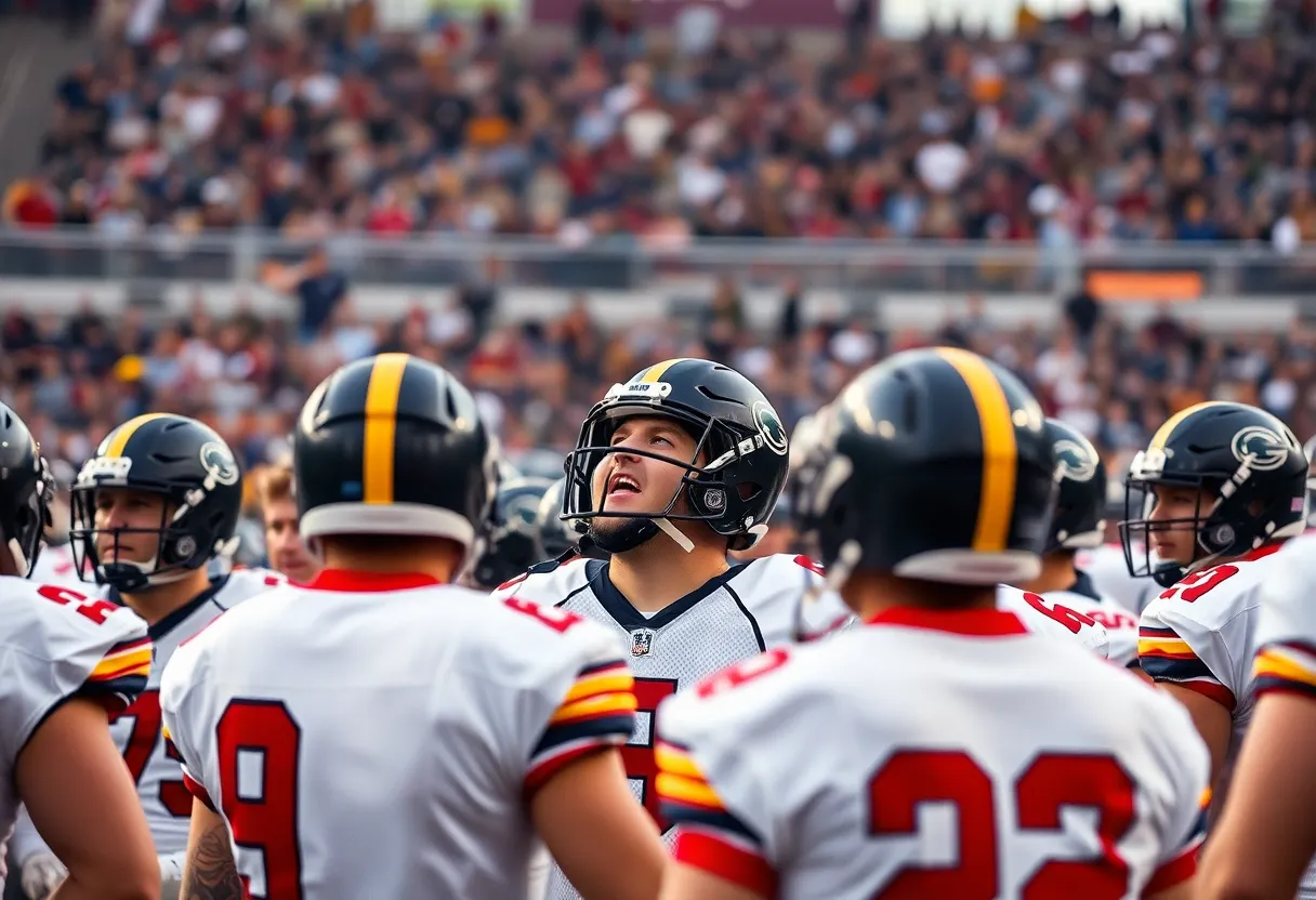 Football players on the field during a high-stakes game.