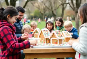Families decorating gingerbread houses at Thatcher Park