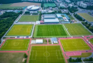 Aerial view of Grand Park Sports Campus highlighting soccer fields.