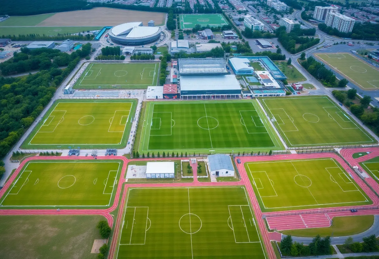 Aerial view of Grand Park Sports Campus highlighting soccer fields.
