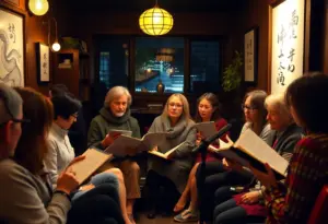 A group of poets reading haikus at an open mic night