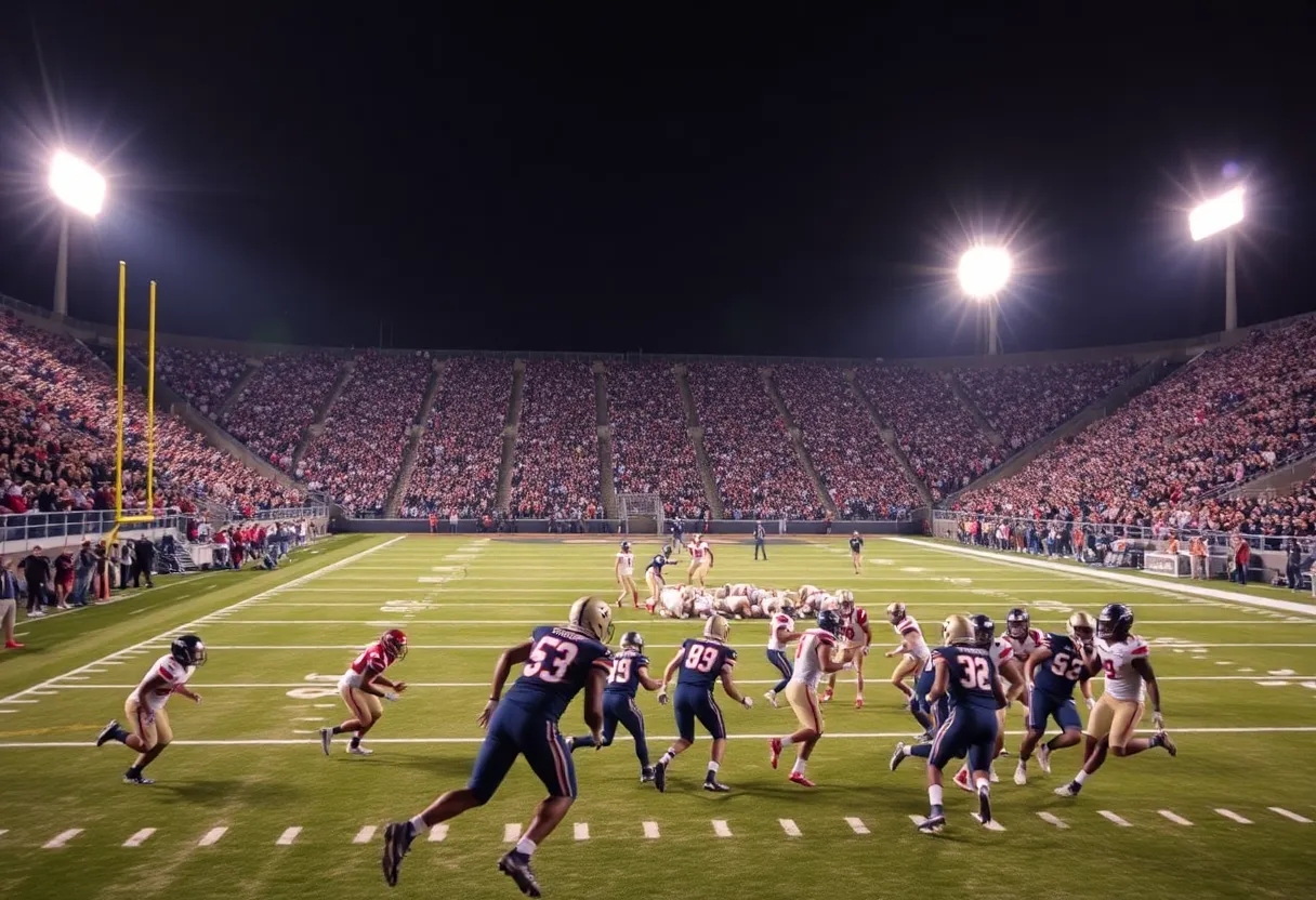 Players on a college football field competing for the Heisman Trophy
