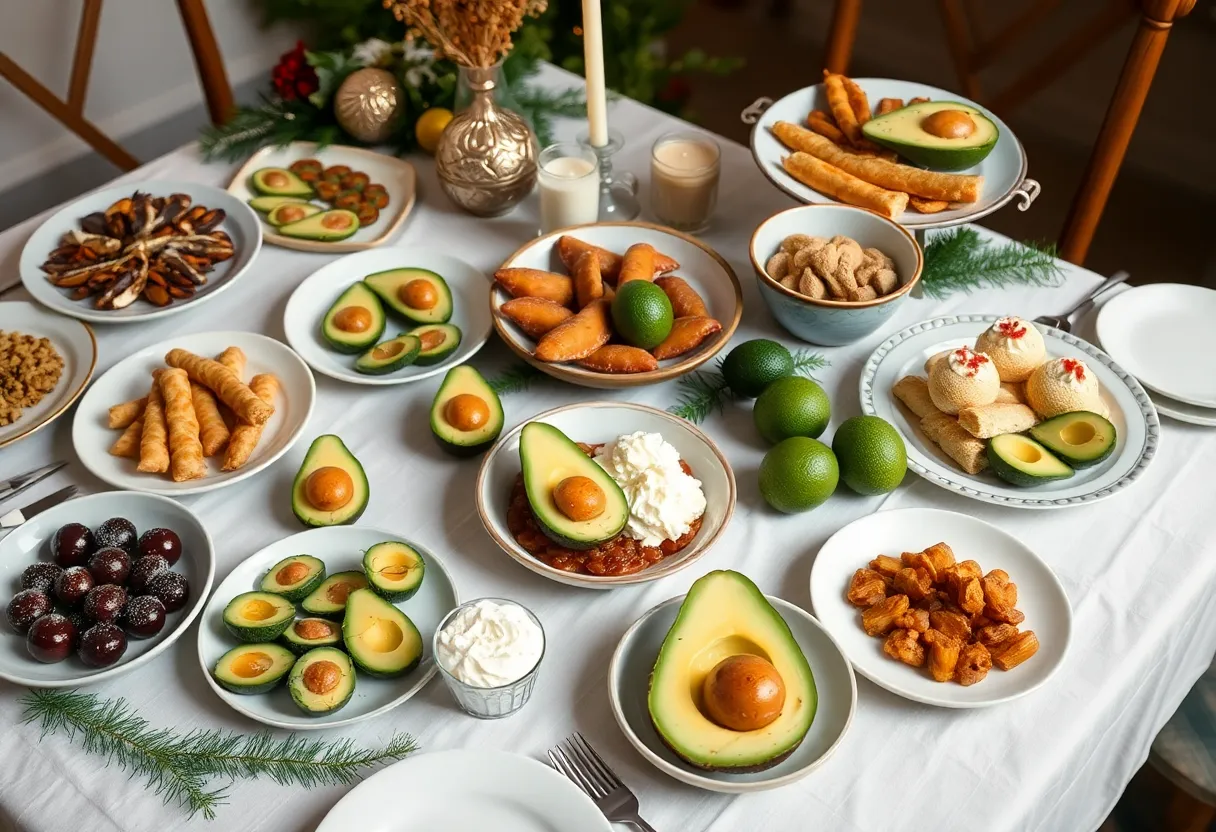 A table set for the holidays with various avocado dishes, including salads, baked goods, and desserts.