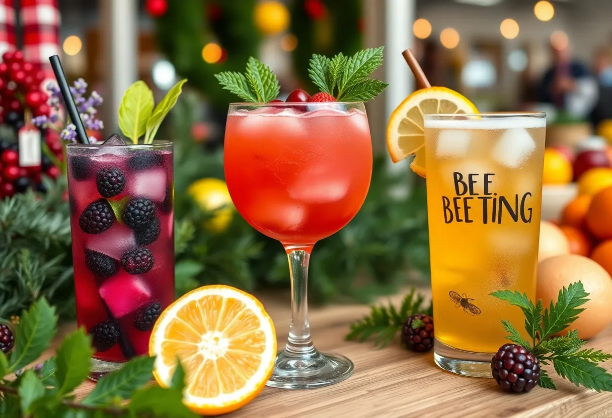 Assortment of holiday beverages from Alcomy LLC at a farmers market in Indianapolis.
