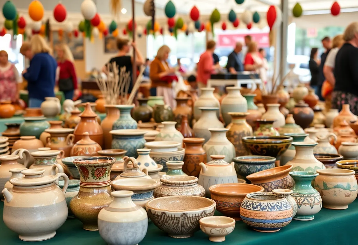 Handcrafted pottery from local artists showcased at the Holiday Michiana Pottery Tour in Goshen, Indiana.