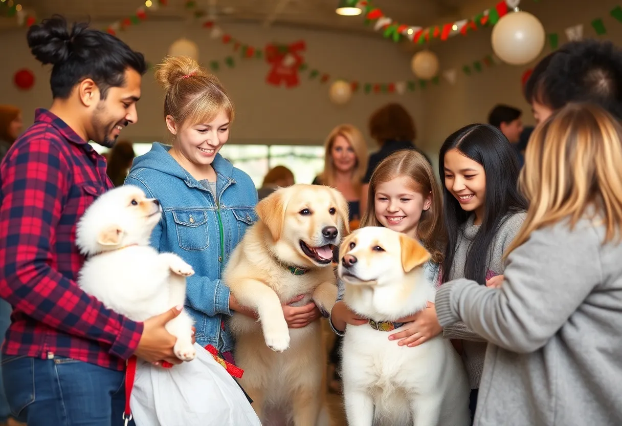 Families interacting with pets at the Indianapolis Animal Care adoption event.