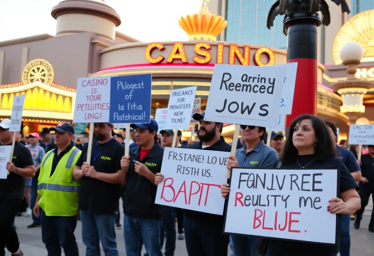 Workers demonstrating for union rights outside Horseshoe Indianapolis