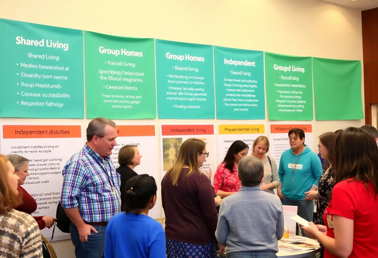 Families exploring housing options for adults with intellectual disabilities at a community event