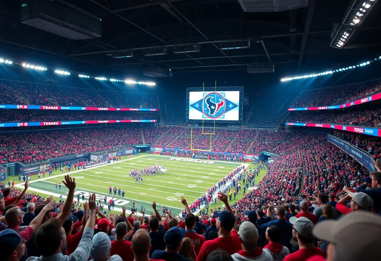 Action shot of Houston Texans fans supporting their team in a packed stadium.