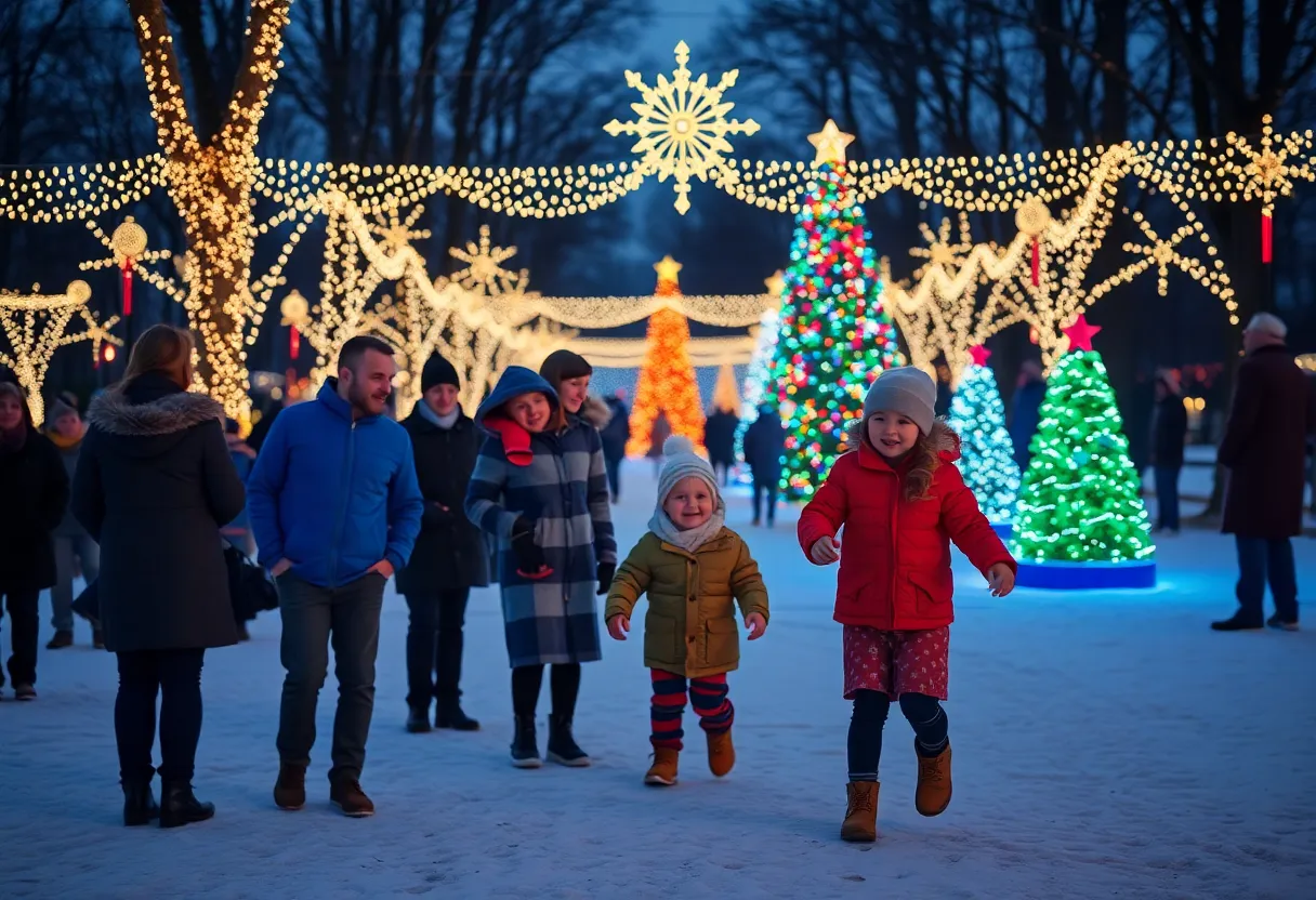 Families enjoying festive holiday light displays at Indiana state parks.