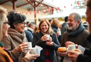 Community members enjoying free coffee and donuts at the Coffee, Donuts & Love event in Indianapolis.