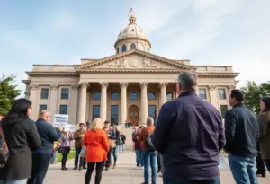 Citizens discussing immigration policies outside an Indiana legislative building