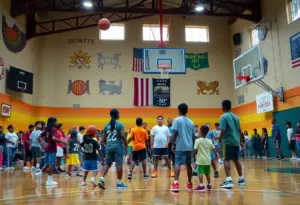 Community members engaging in basketball drills at the Hoosier Gym with Pacers players.