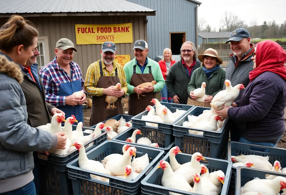 Poultry farmers donating crates of chicken, duck, and turkey to a local food bank.