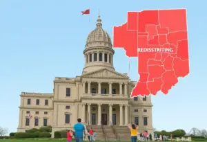 Indiana State Capitol with a map overlay