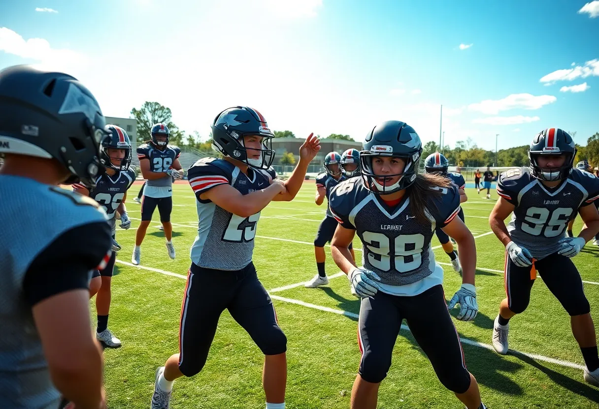 Young football recruits practicing on the field