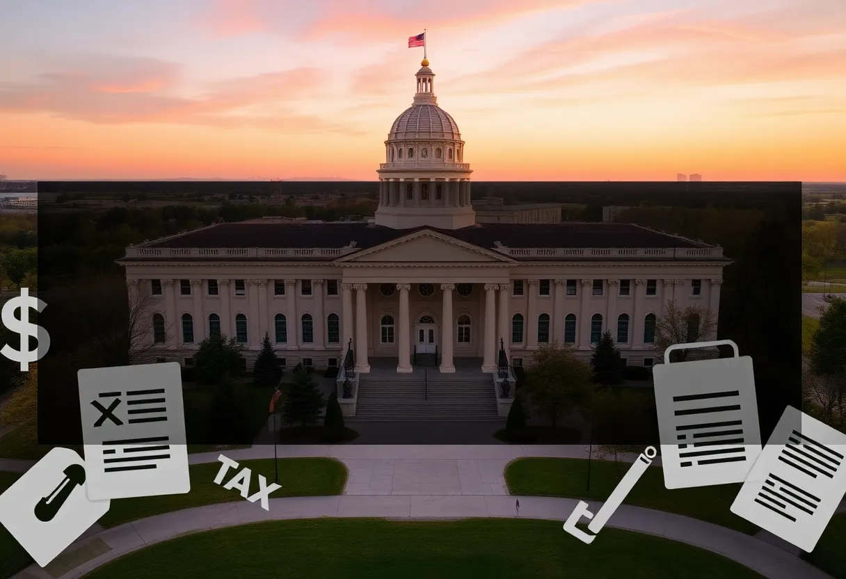 Indiana Statehouse with tax reform graphics