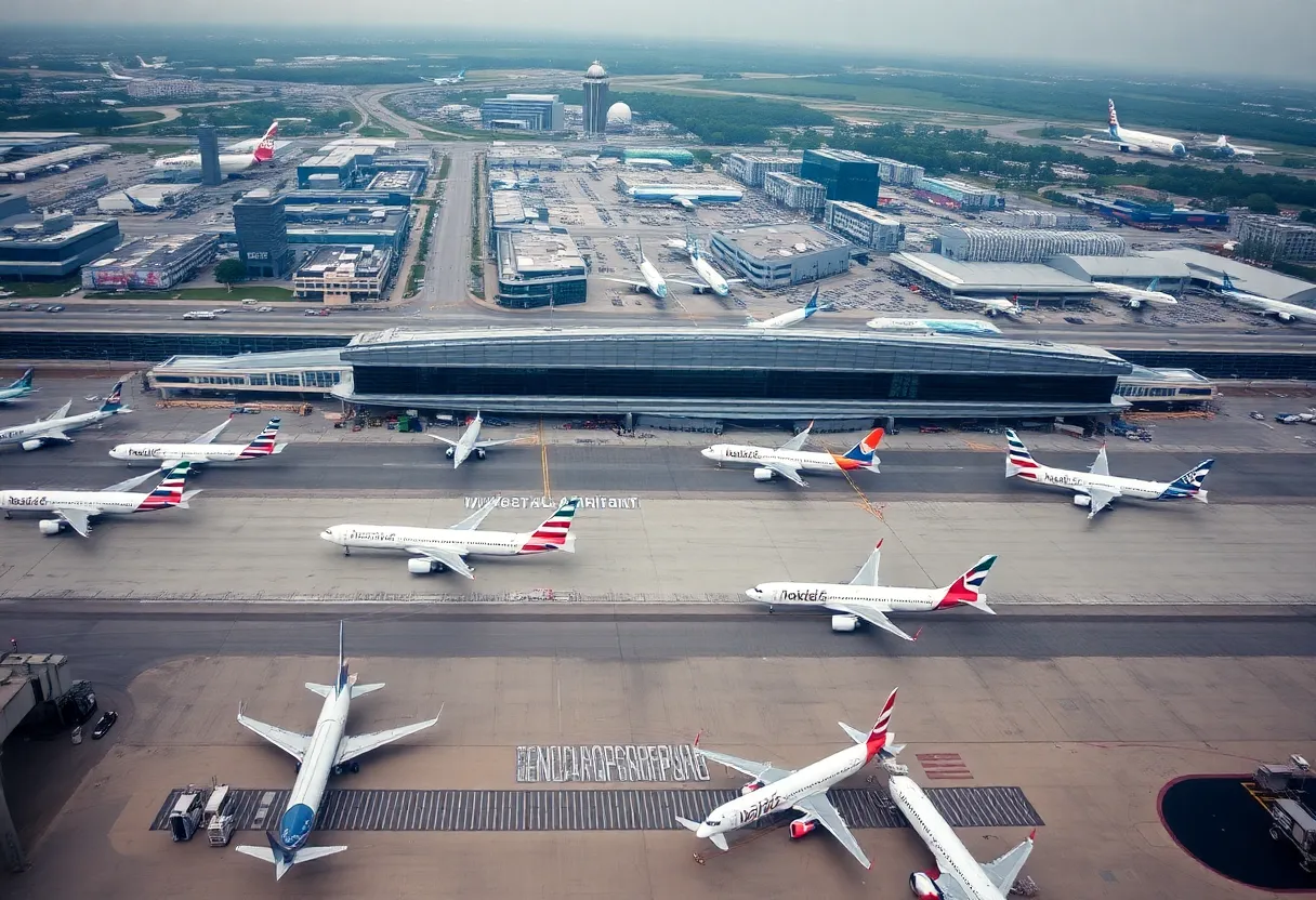 Aerial view of Indianapolis International Airport featuring busy travel activity.