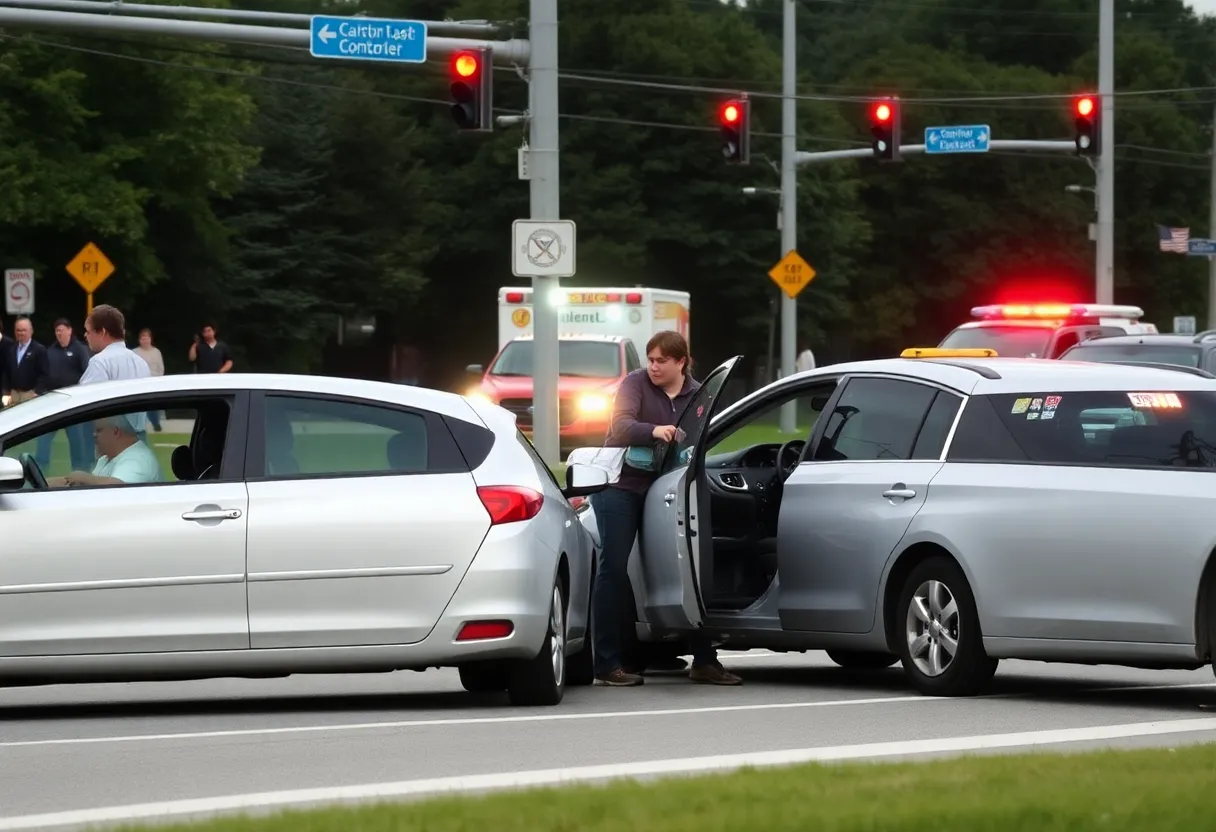 Scene of a car crash in Indianapolis with emergency response vehicles.