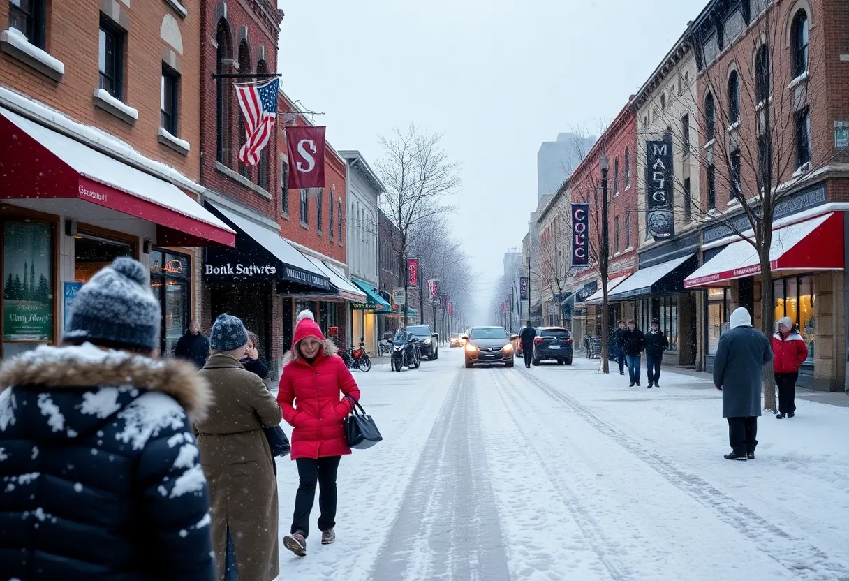 Snow-covered street in Indianapolis during record cold temperatures.