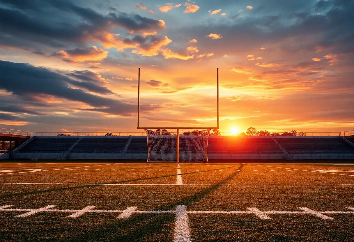 Empty football field with sunset