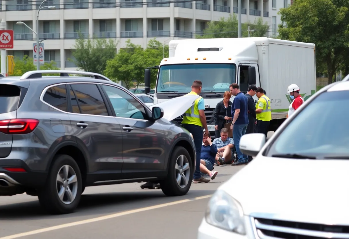 Traffic accident scene involving a gray SUV and a truck