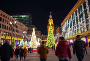 Festive holiday lights display in Indianapolis with trees and decorations