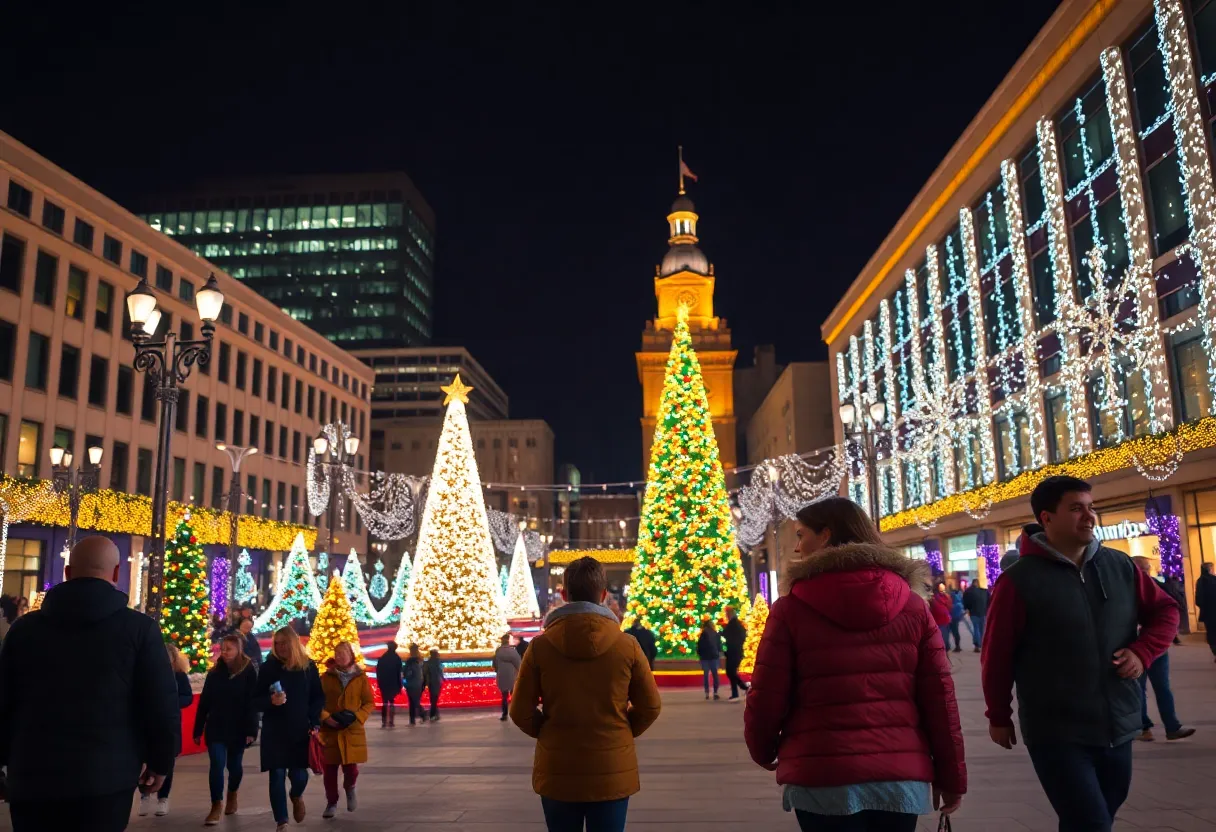 Festive holiday lights display in Indianapolis with trees and decorations