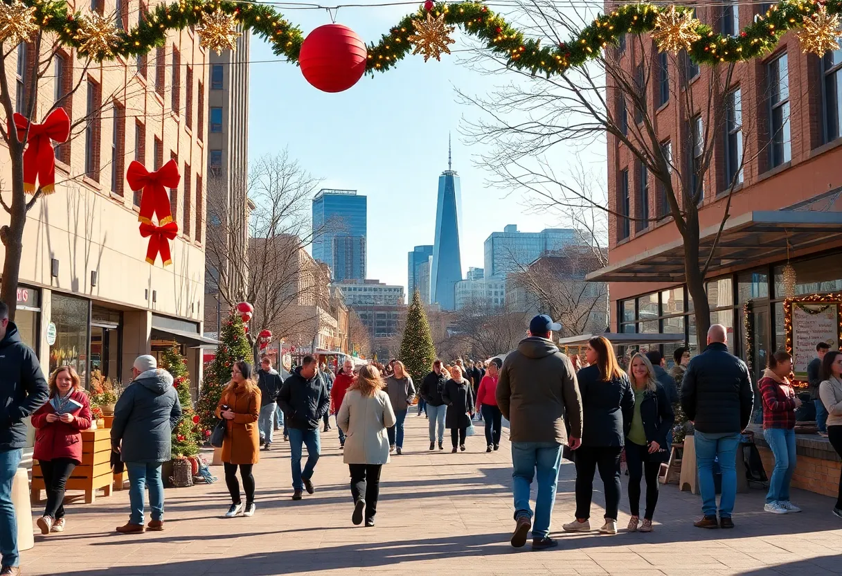 People celebrating the holidays in warm weather in Indianapolis.
