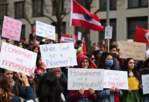 A rally with diverse participants advocating for immigrant rights in Indianapolis.