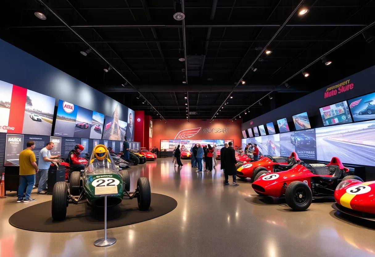 Visitors enjoying the interactive exhibits at the Indianapolis Motor Speedway Museum