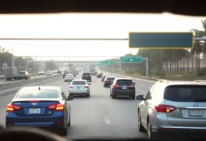 Traffic on I-465 with warning signs about road rage