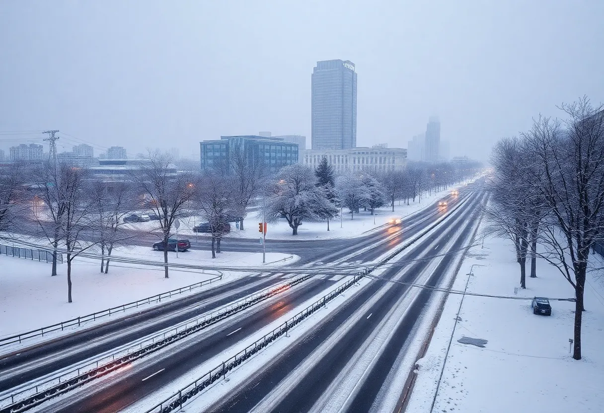 Snow-covered streets in Indianapolis during a snowstorm
