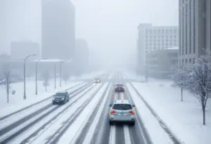 Snow-covered street in Indianapolis during a snowstorm