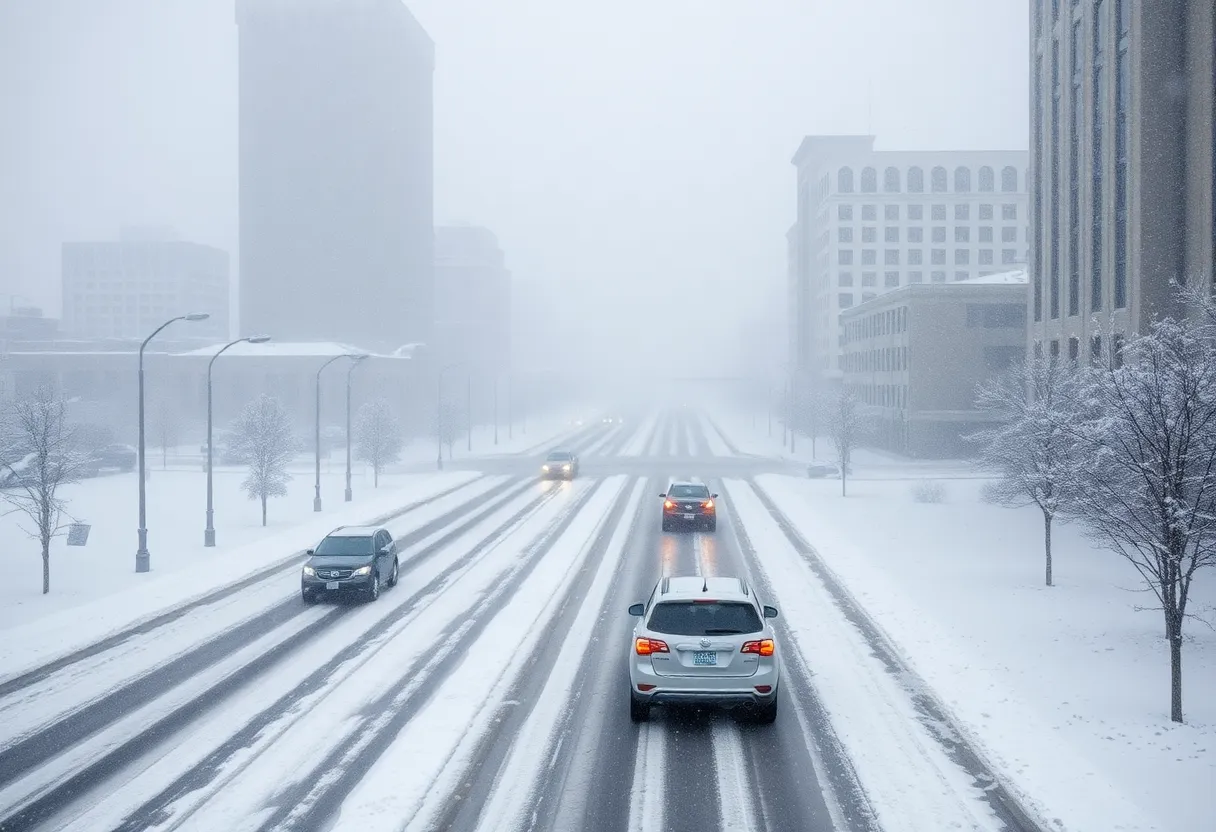 Snow-covered street in Indianapolis during a snowstorm