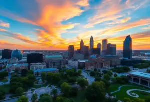 A vibrant sunset view over downtown Indianapolis showcasing cultural landmarks and parks.