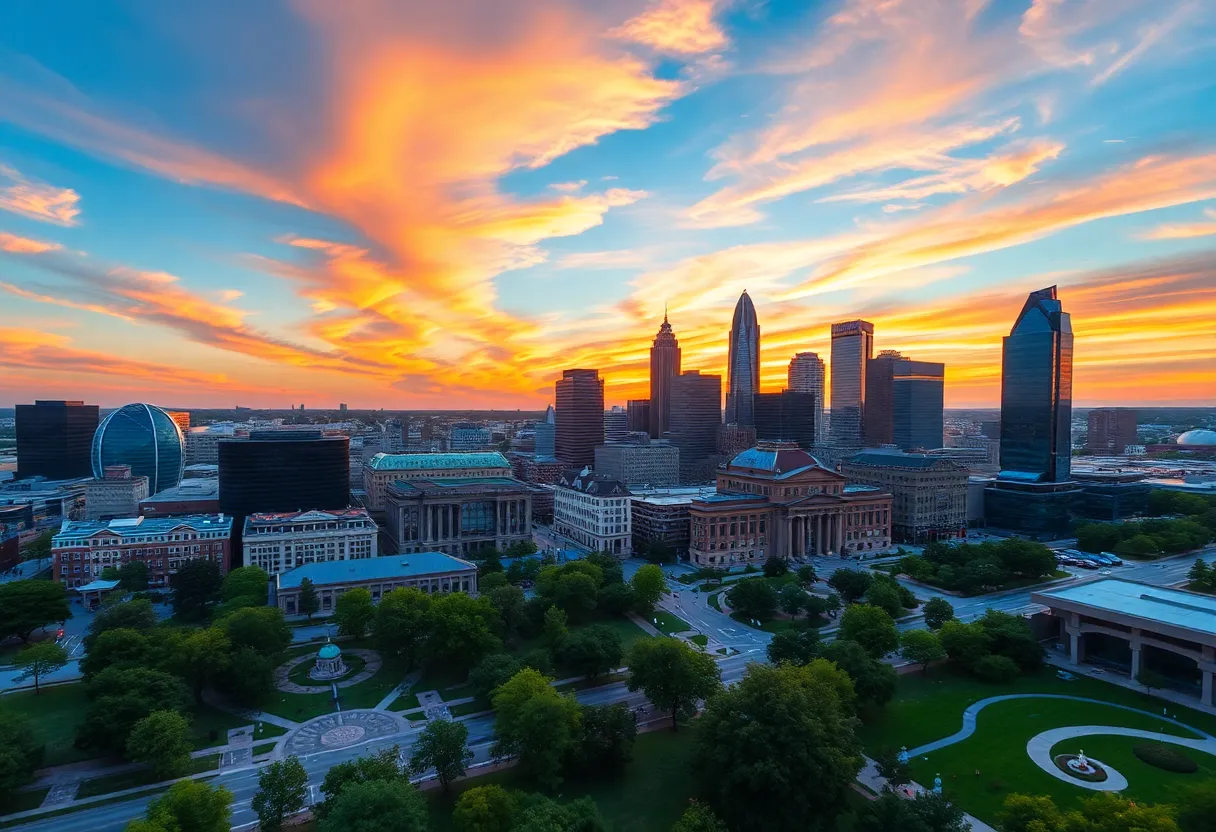 A vibrant sunset view over downtown Indianapolis showcasing cultural landmarks and parks.